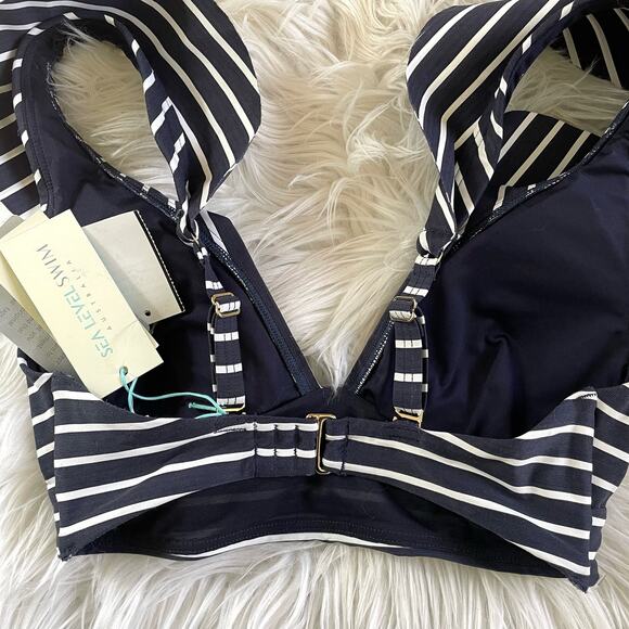 Sea Level Navy Blue Stripe Frill Ruffle Bikini Swim Swimsuit Top womens 4 XS new - Picture 7 of 14